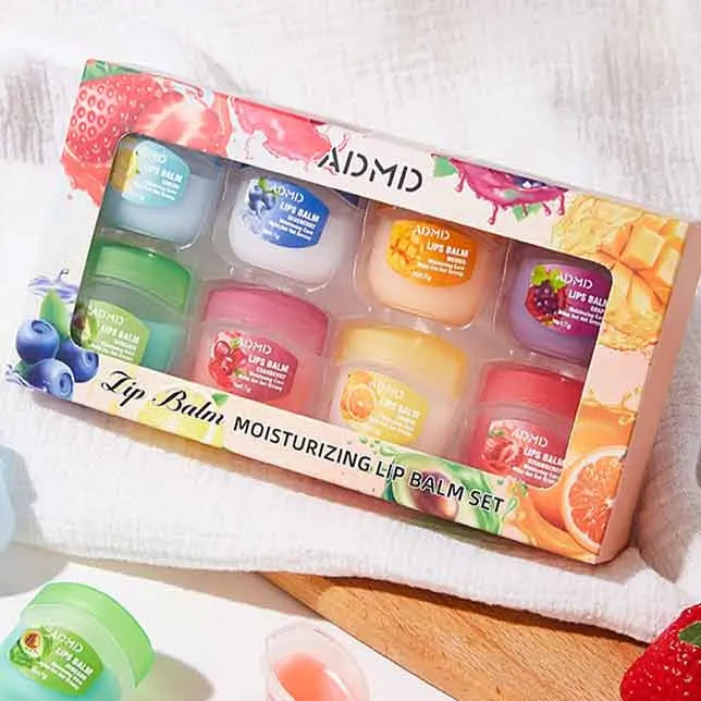 Kit com 8 Lip Balms Frutados – Hidratação Profunda, Ação Antirressecamento e Toque Suave nos Lábios